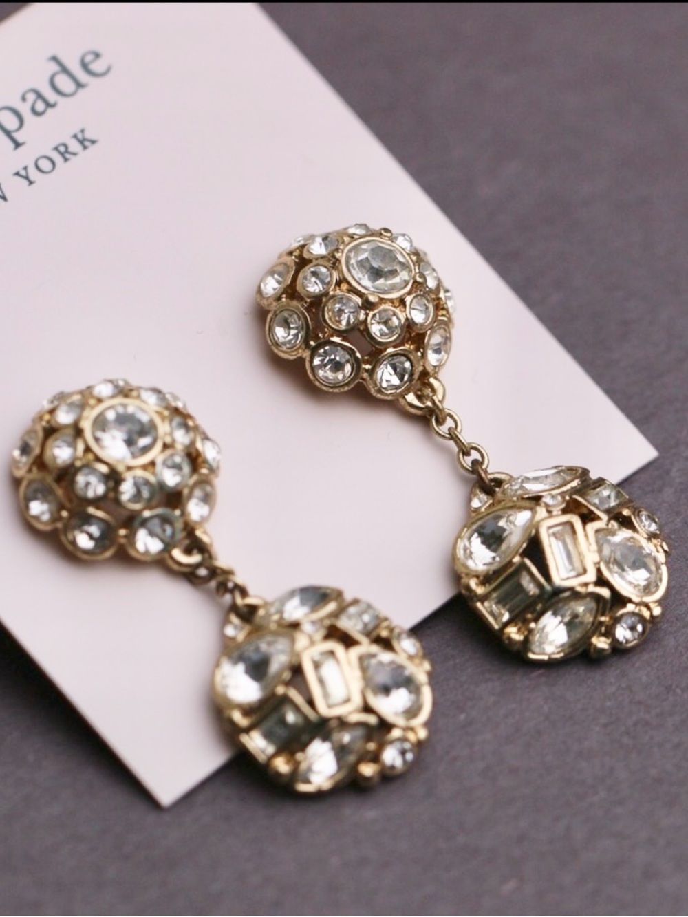 kate spade gold and clear crystal double drop earrings